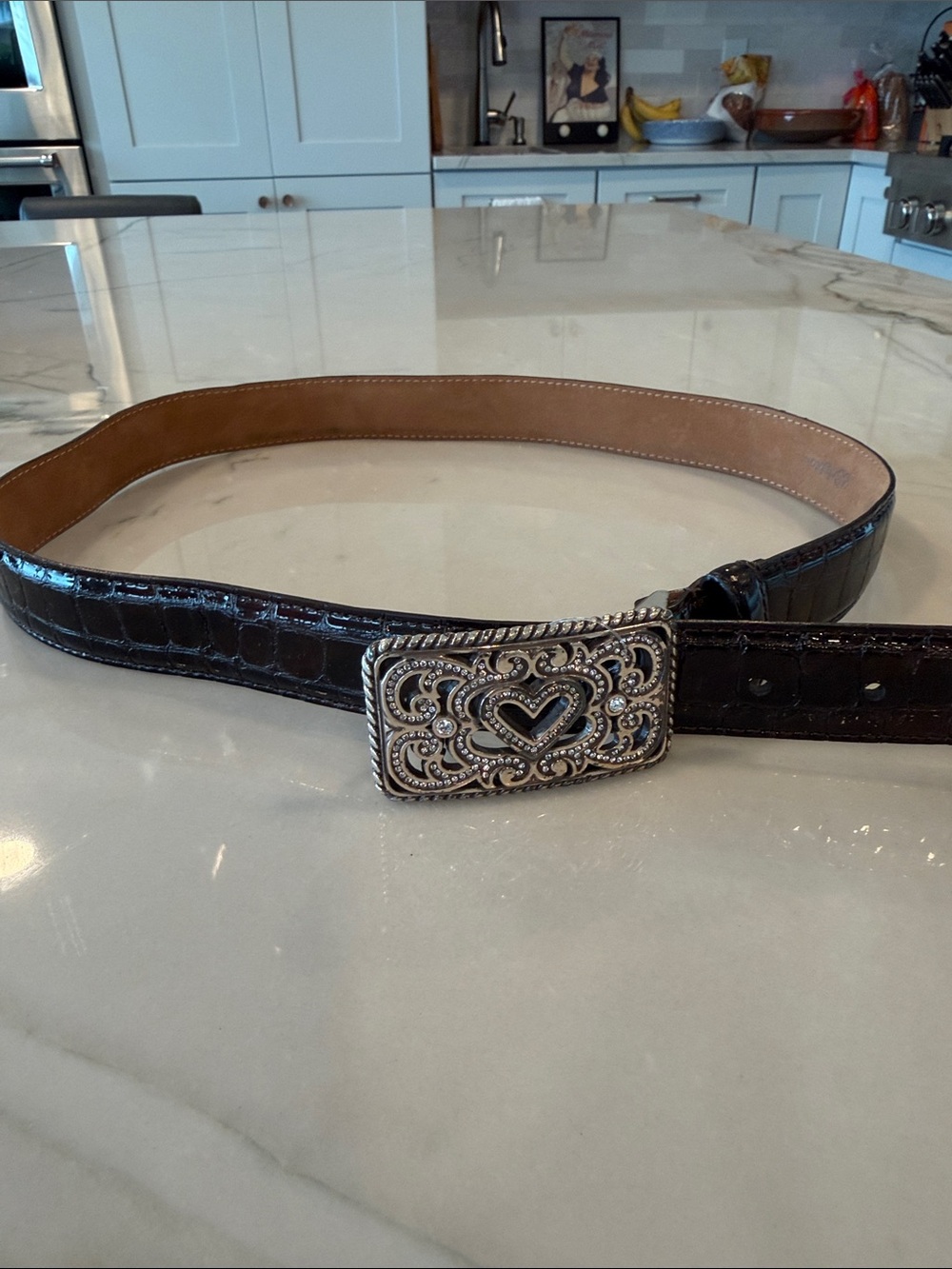 Brighton Croc Embossed Leather Belt Brown Silver Rhinestone Heart Buckle XL 36